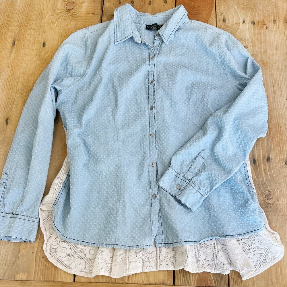 Lola P. Blue Button Down Lace Back XL 100%‎ Cotton Textured Shirt